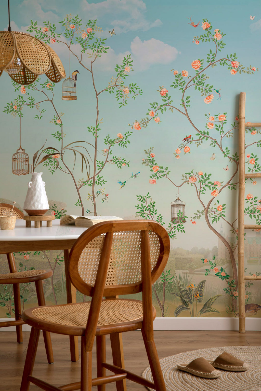 Blossom Trees and Birds Wallpaper : Soft Green Garden Scenery Mural - View 3