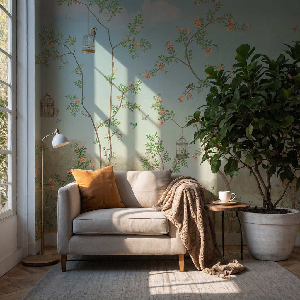 Blossom Trees and Birds Wallpaper : Soft Green Garden Scenery Mural - View 4