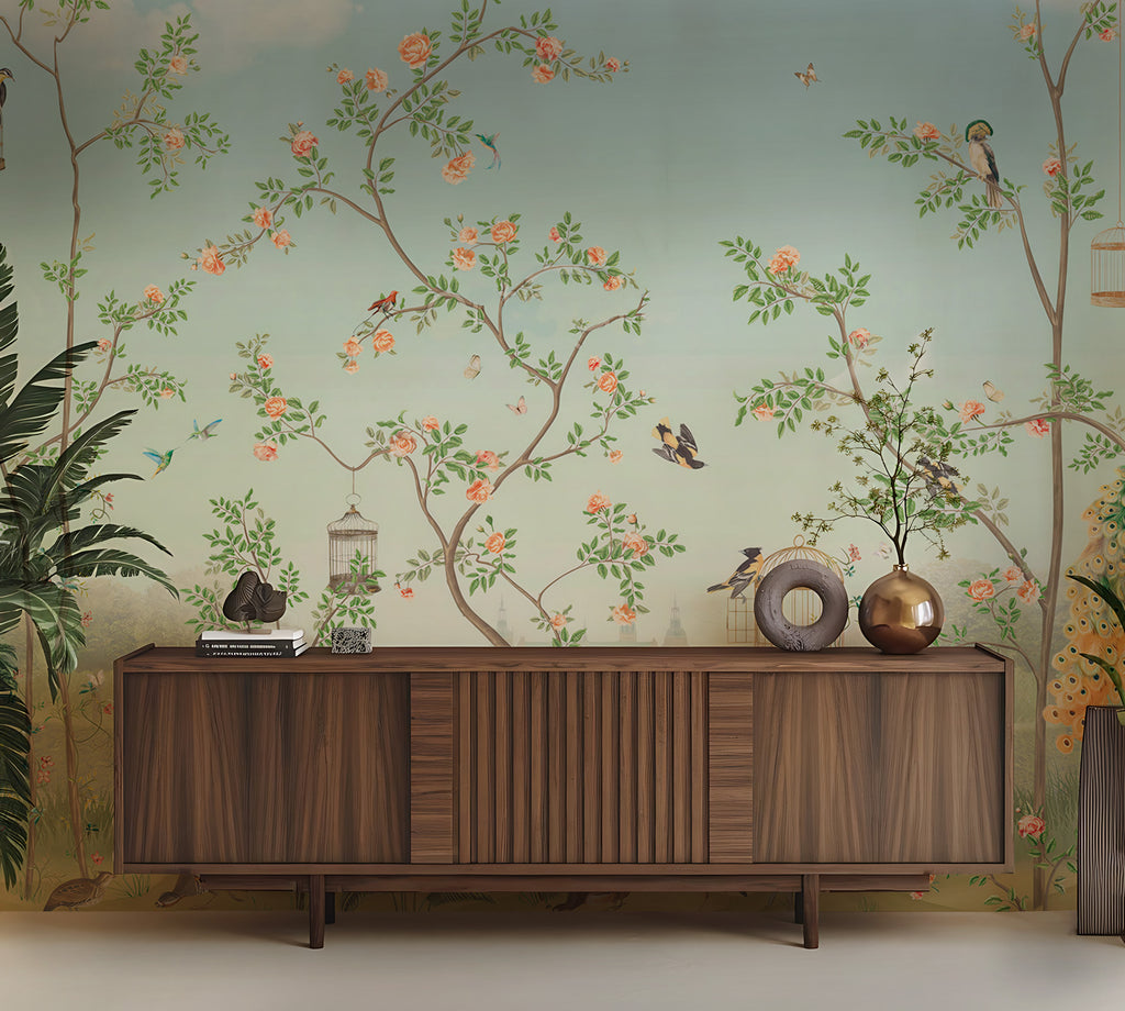 Blossom Trees and Birds Wallpaper : Soft Green Garden Scenery Mural - View 5