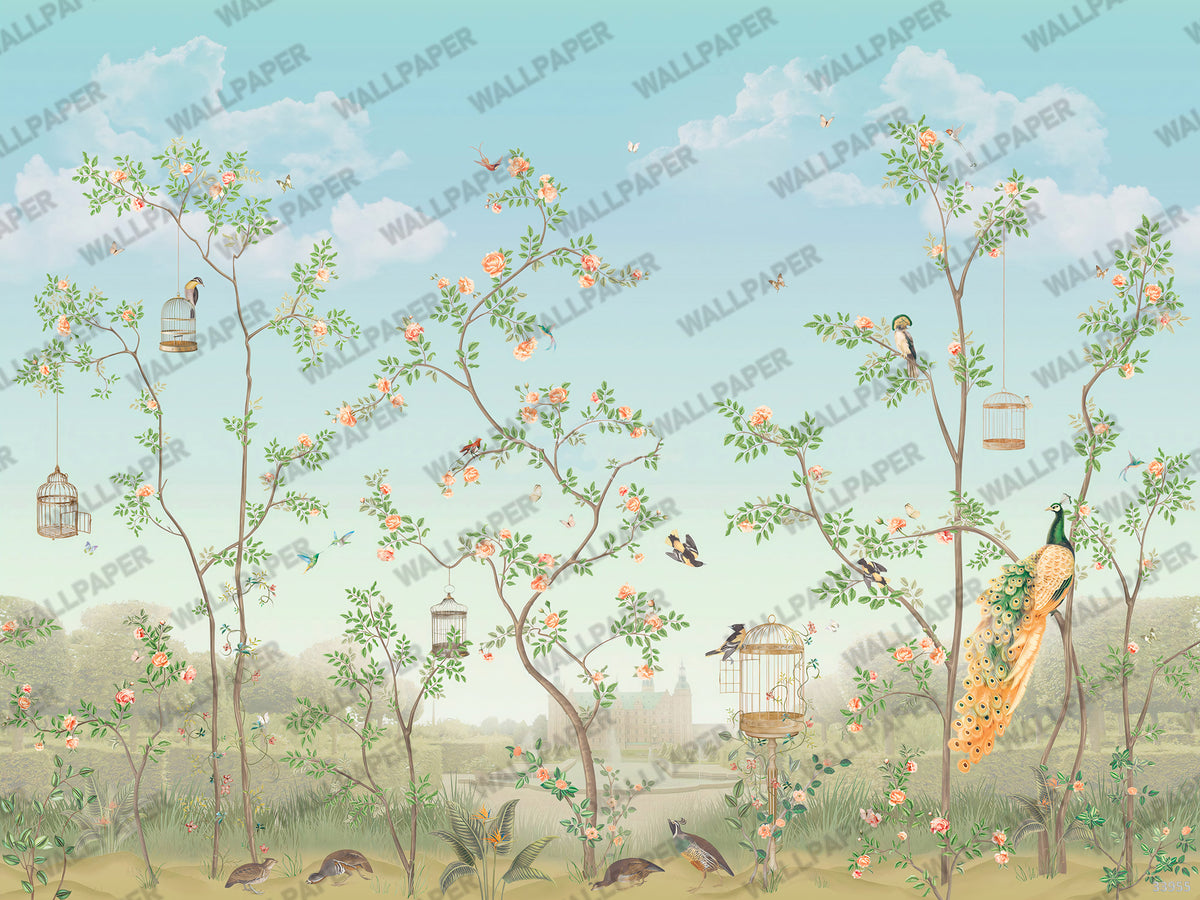 Blossom Trees and Birds Wallpaper : Soft Green Garden Scenery Mural - View 2