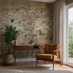 Botanical Garden Wallpaper : Beige Chinoiserie Bird and Blossom Mural