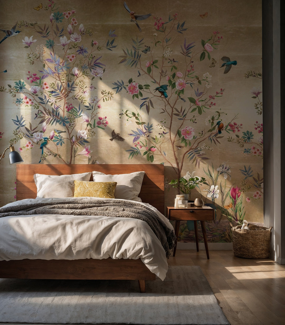 Botanical Garden Wallpaper : Beige Chinoiserie Bird and Blossom Mural - View 3