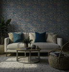 Denim Blue Rose Wallpaper : Gold Outline Floral Wall Mural - View 3