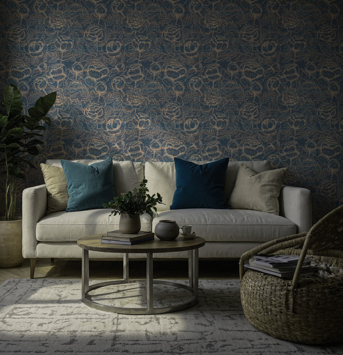 Denim Blue Rose Wallpaper : Gold Outline Floral Wall Mural - View 3