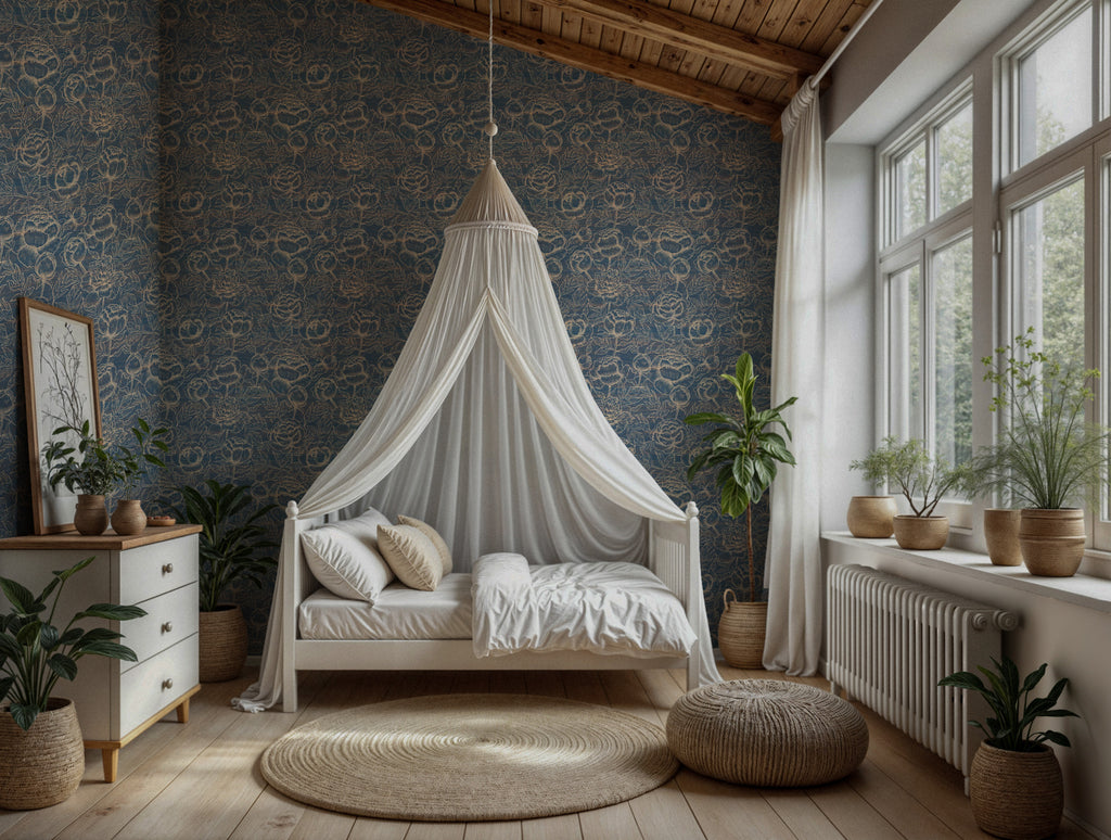 Denim Blue Rose Wallpaper : Gold Outline Floral Wall Mural - View 4