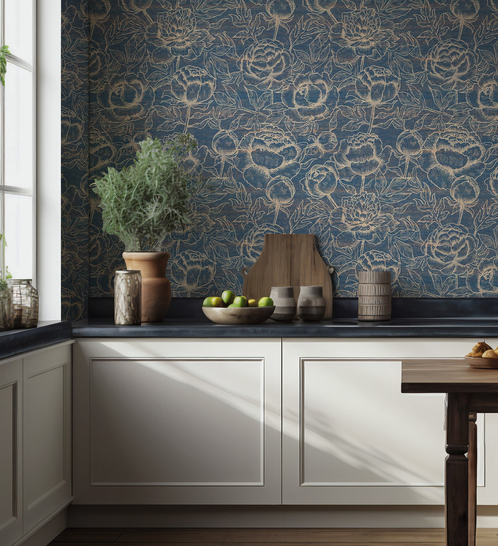 Denim Blue Rose Wallpaper : Gold Outline Floral Wall Mural
