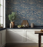 Denim Blue Rose Wallpaper : Gold Outline Floral Wall Mural