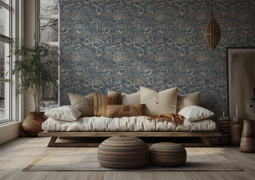 Denim Blue Rose Wallpaper : Gold Outline Floral Wall Mural - View 5