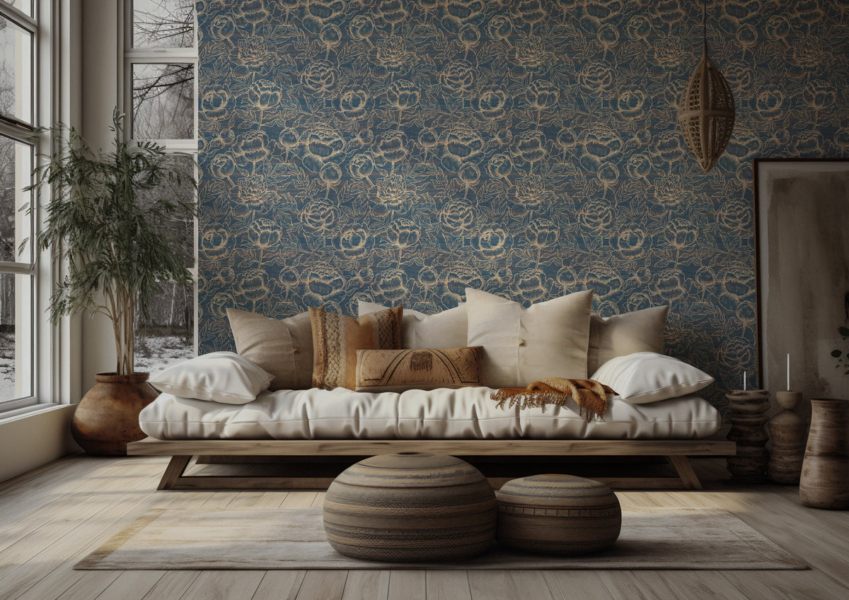 Denim Blue Rose Wallpaper : Gold Outline Floral Wall Mural - View 5