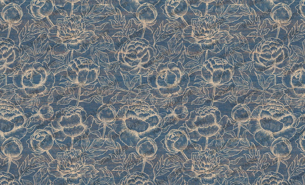 Denim Blue Rose Wallpaper : Gold Outline Floral Wall Mural - View 2