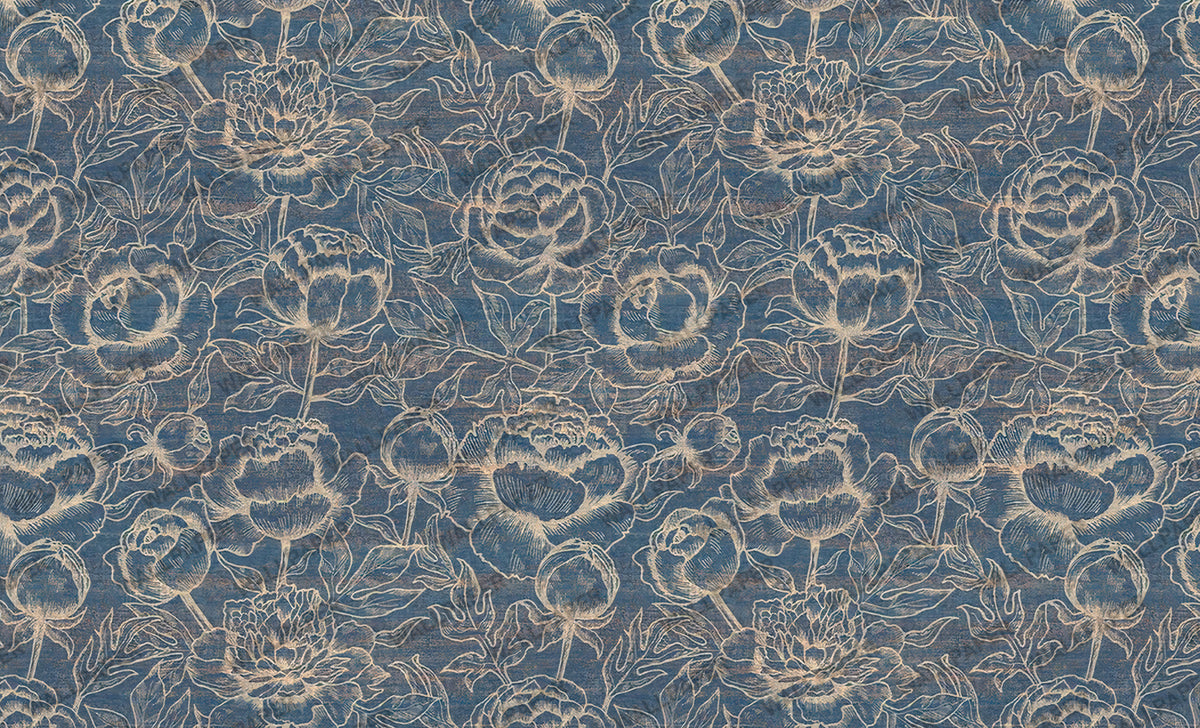 Denim Blue Rose Wallpaper : Gold Outline Floral Wall Mural - View 2