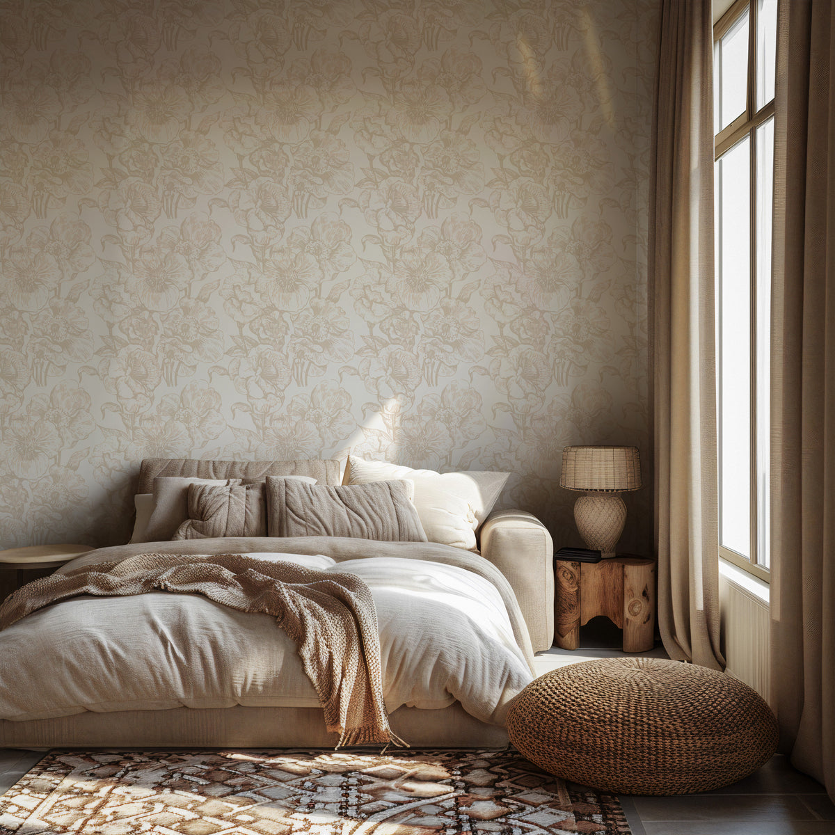 Ivory Tonal Damask Wallpaper : Subtle Cream Floral Wall Mural - View 3