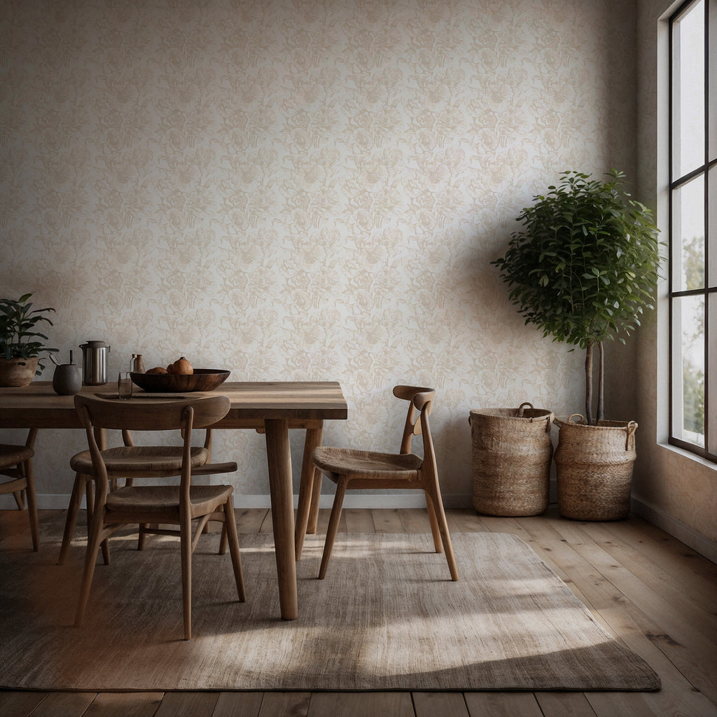 Ivory Tonal Damask Wallpaper : Subtle Cream Floral Wall Mural - View 4