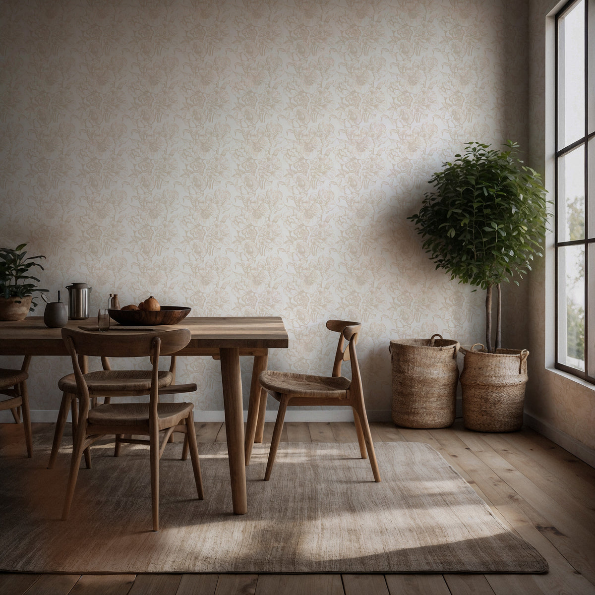 Ivory Tonal Damask Wallpaper : Subtle Cream Floral Wall Mural - View 4