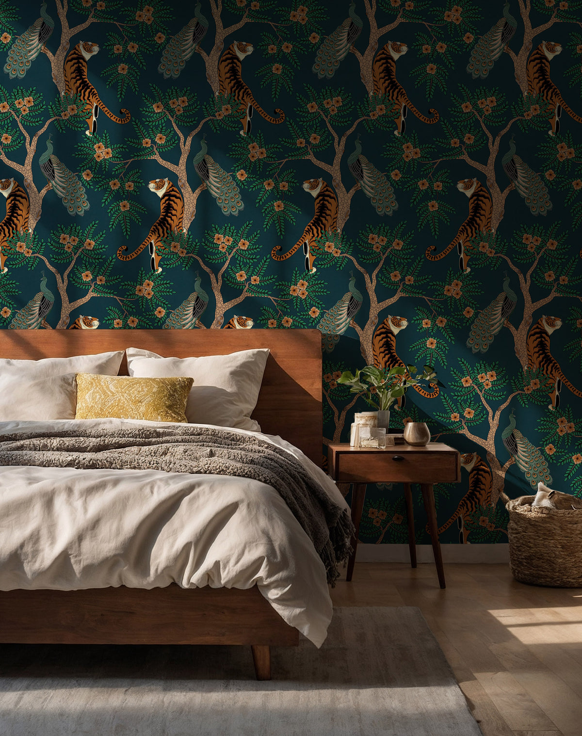 Teal Tiger Wallpaper : Gold Chinoiserie Jungle Wall Mural
