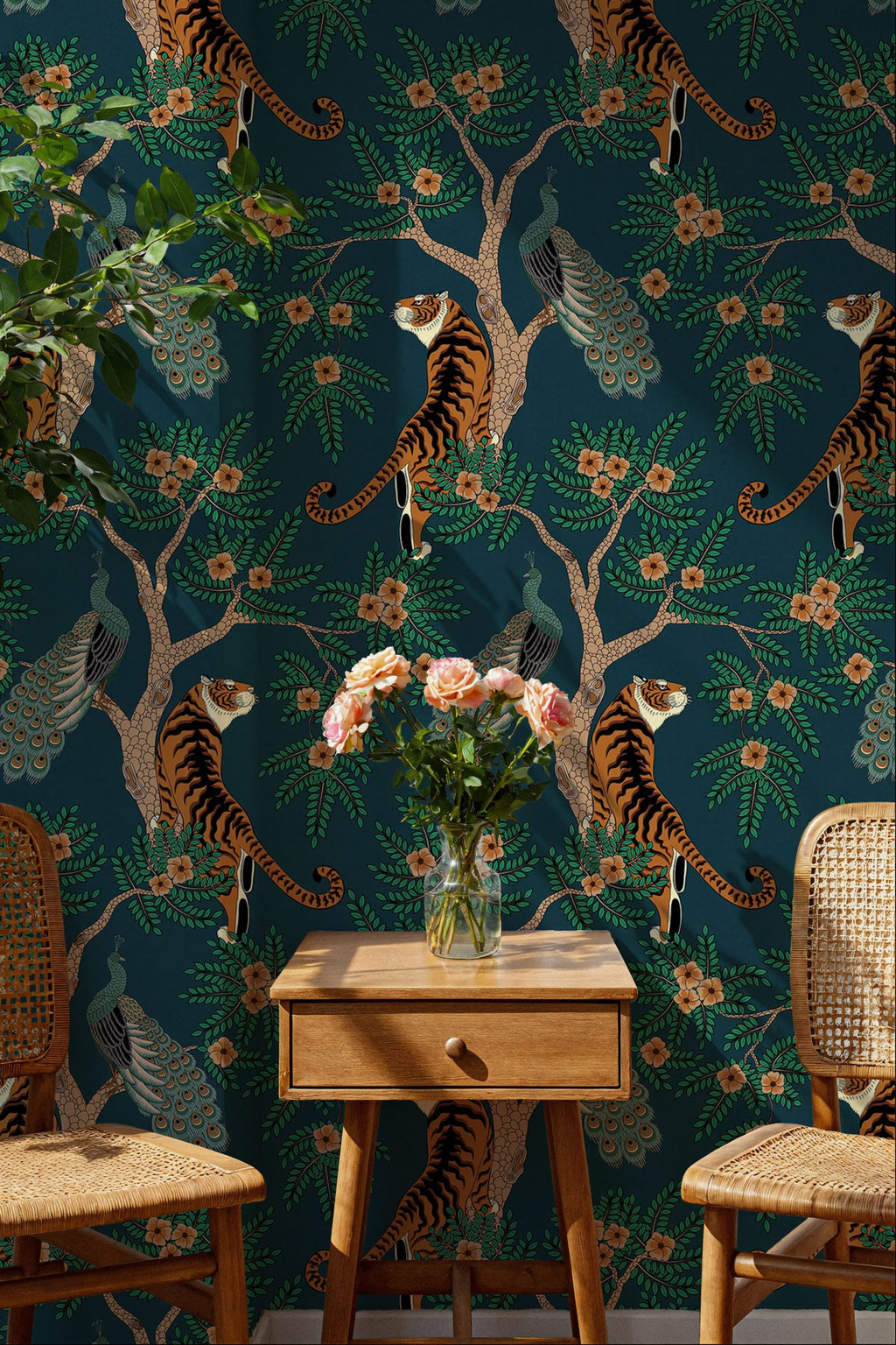 Teal Tiger Wallpaper : Gold Chinoiserie Jungle Wall Mural - View 3