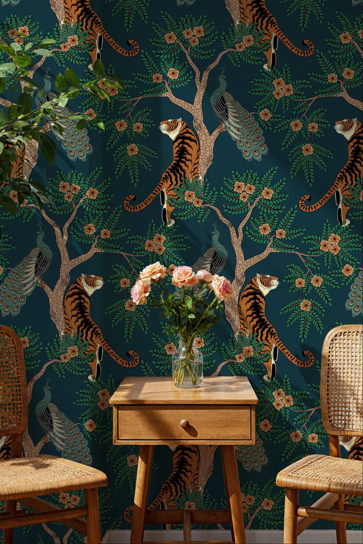 Teal Tiger Wallpaper : Gold Chinoiserie Jungle Wall Mural - View 3