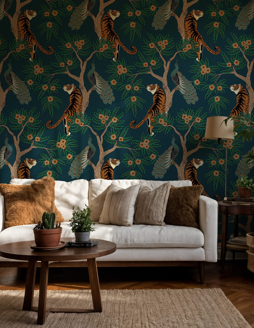 Teal Tiger Wallpaper : Gold Chinoiserie Jungle Wall Mural - View 4