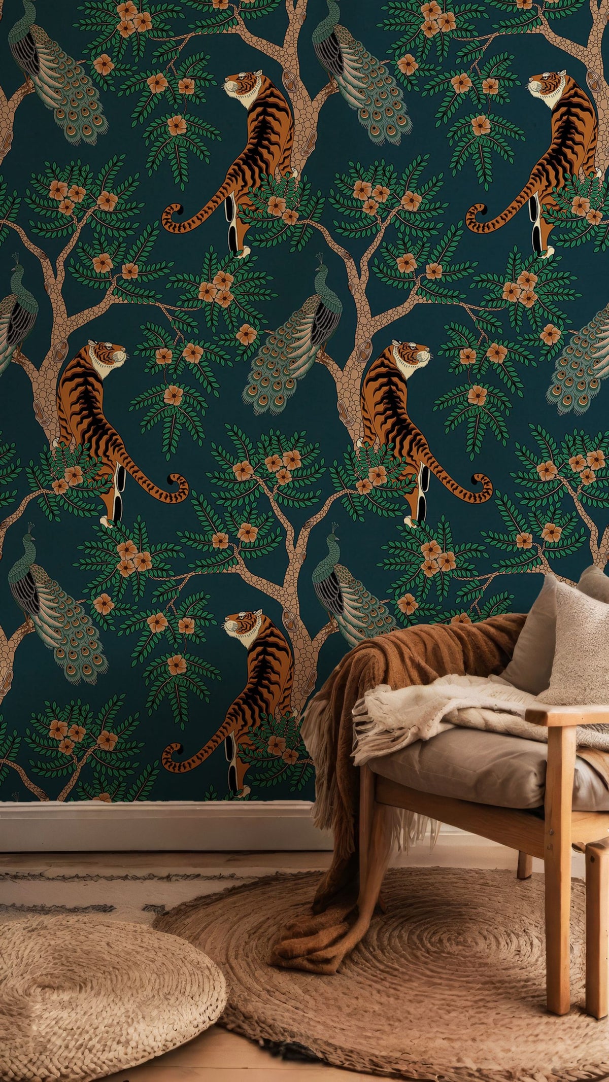 Teal Tiger Wallpaper : Gold Chinoiserie Jungle Wall Mural - View 5