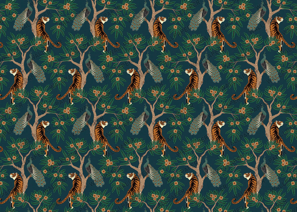 Teal Tiger Wallpaper : Gold Chinoiserie Jungle Wall Mural - View 2