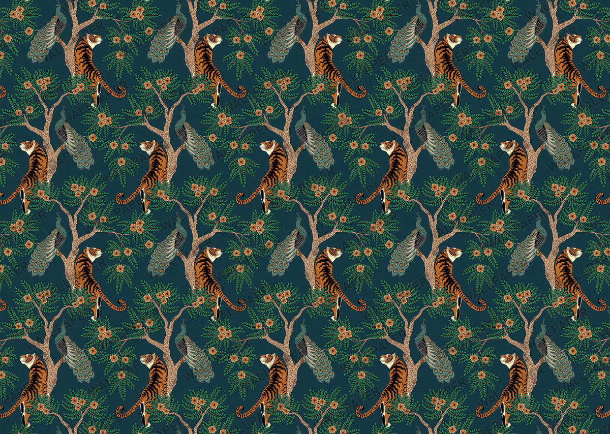 Teal Tiger Wallpaper : Gold Chinoiserie Jungle Wall Mural - View 2