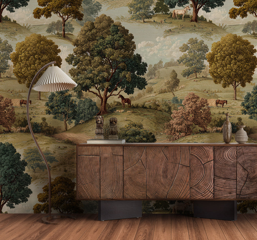 English Pastoral Wallpaper : Vintage Horse and Oak Landscape Mural - View 3