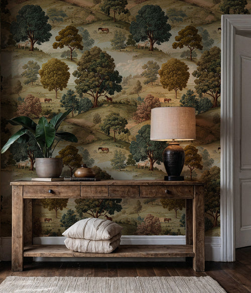 English Pastoral Wallpaper : Vintage Horse and Oak Landscape Mural