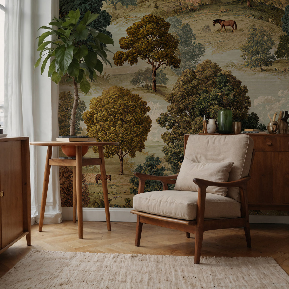 English Pastoral Wallpaper : Vintage Horse and Oak Landscape Mural - View 6