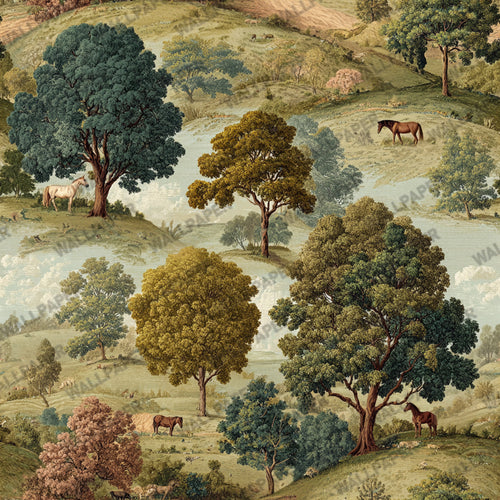 English Pastoral Wallpaper : Vintage Horse and Oak Landscape Mural - View 2