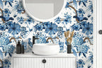 Blue and White Chinoiserie Wallpaper : Delft Floral Bird Mural - View 5