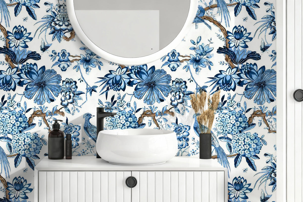 Blue and White Chinoiserie Wallpaper : Delft Floral Bird Mural - View 5