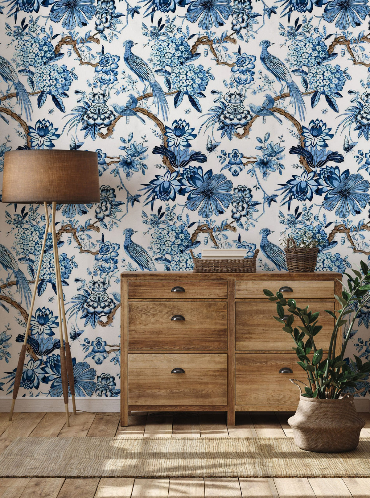 Blue and White Chinoiserie Wallpaper : Delft Floral Bird Mural - View 4