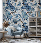 Blue and White Chinoiserie Wallpaper : Delft Floral Bird Mural - View 3