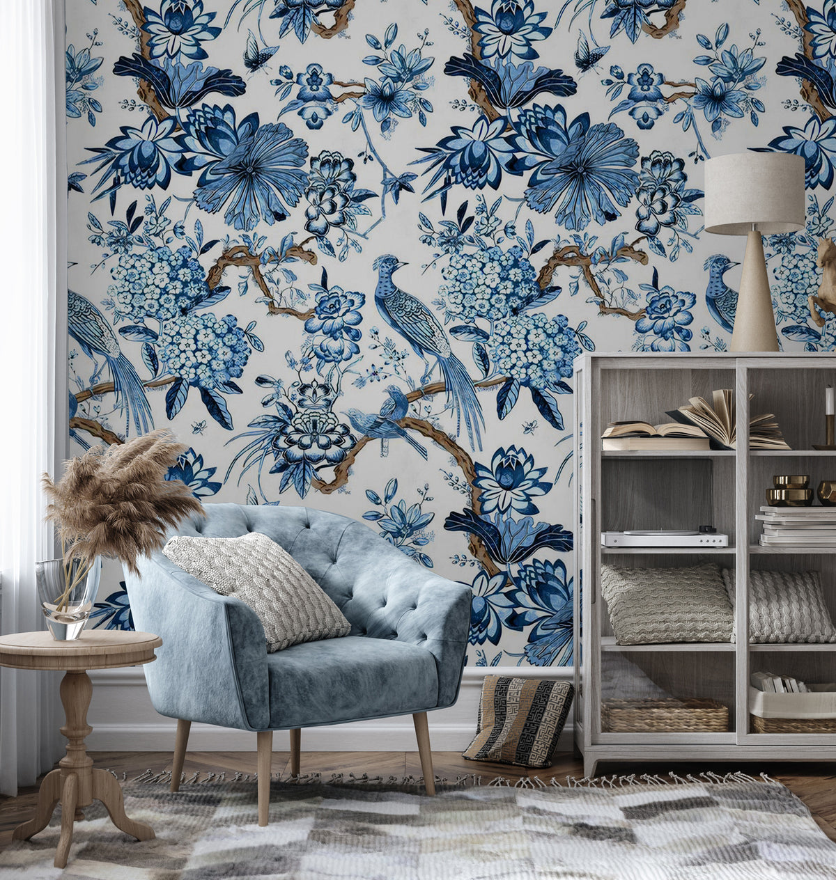 Blue and White Chinoiserie Wallpaper : Delft Floral Bird Mural - View 3