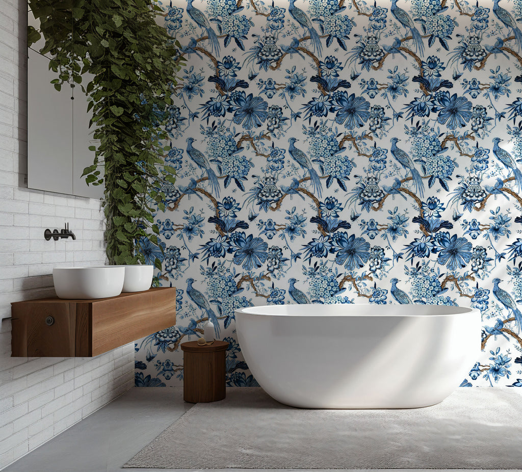 Blue and White Chinoiserie Wallpaper : Delft Floral Bird Mural