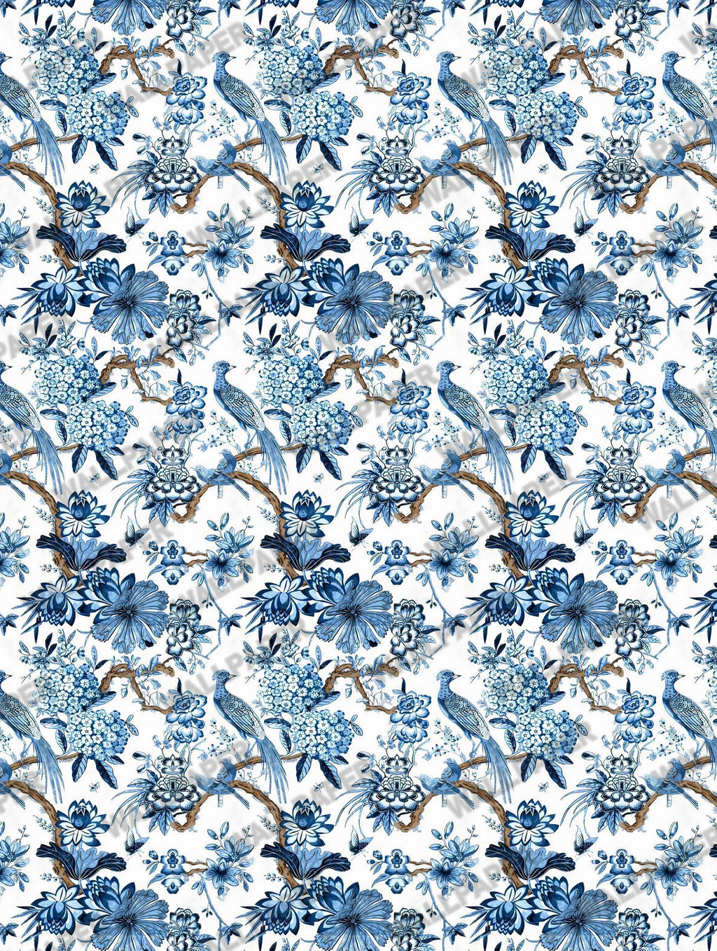 Blue and White Chinoiserie Wallpaper : Delft Floral Bird Mural - View 2