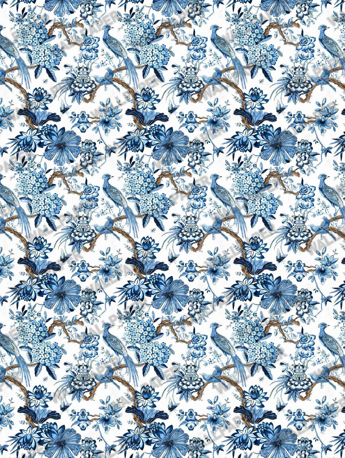 Blue and White Chinoiserie Wallpaper : Delft Floral Bird Mural - View 2