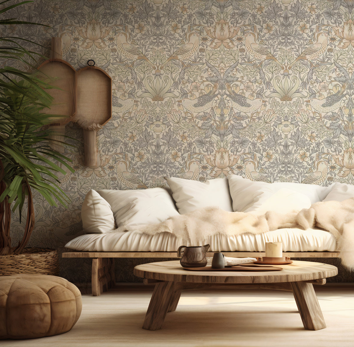 Vintage Bird and Berry Wallpaper : Pale Arts and Crafts Wall Mural