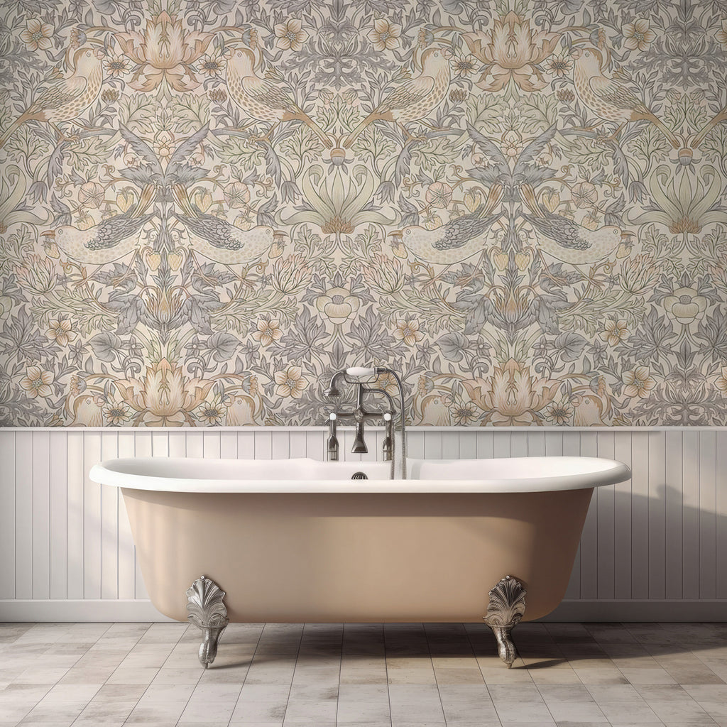 Vintage Bird and Berry Wallpaper : Pale Arts and Crafts Wall Mural - View 4