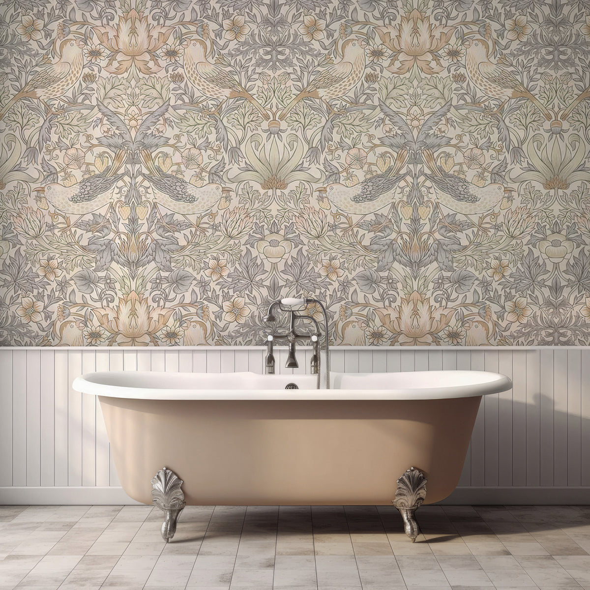 Vintage Bird and Berry Wallpaper : Pale Arts and Crafts Wall Mural - View 4