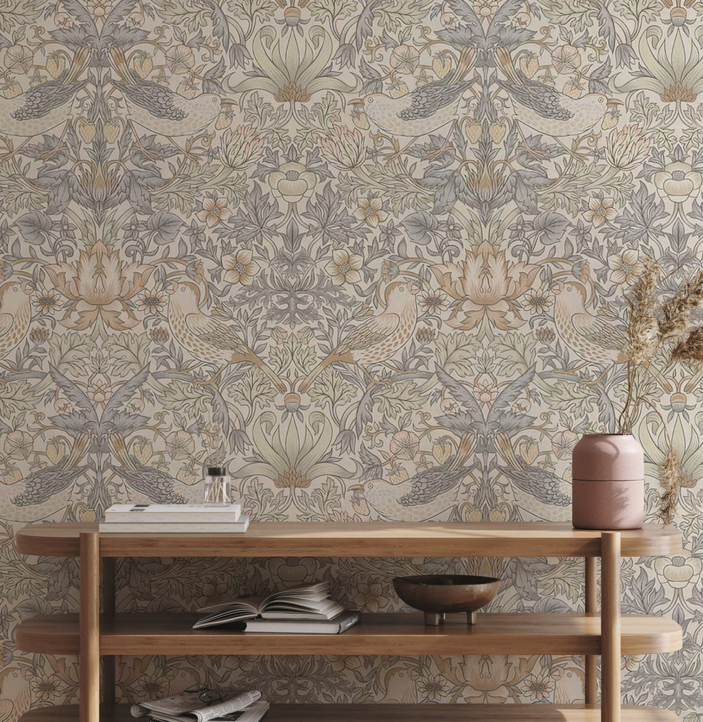 Vintage Bird and Berry Wallpaper : Pale Arts and Crafts Wall Mural - View 3