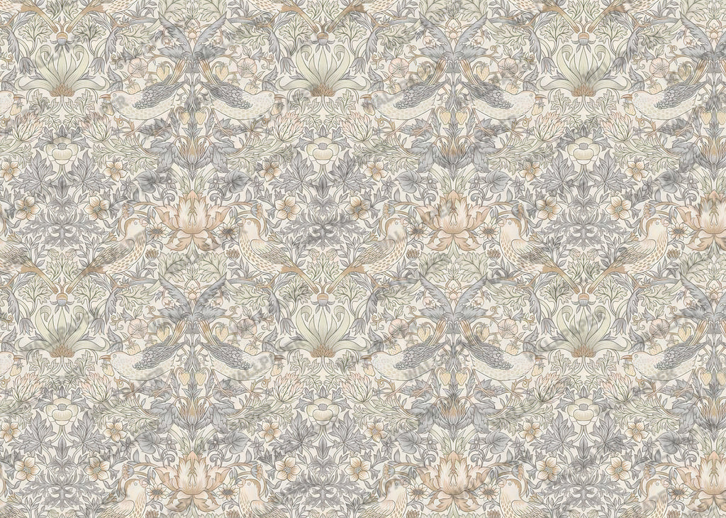 Vintage Bird and Berry Wallpaper : Pale Arts and Crafts Wall Mural - View 2