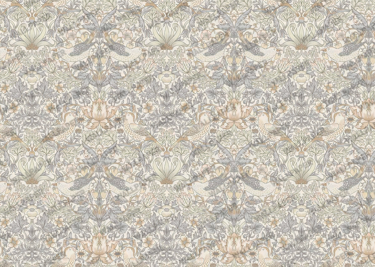 Vintage Bird and Berry Wallpaper : Pale Arts and Crafts Wall Mural - View 2