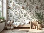 White Safari Palm Wallpaper : Jungle Animal Kids Toile Wall Mural