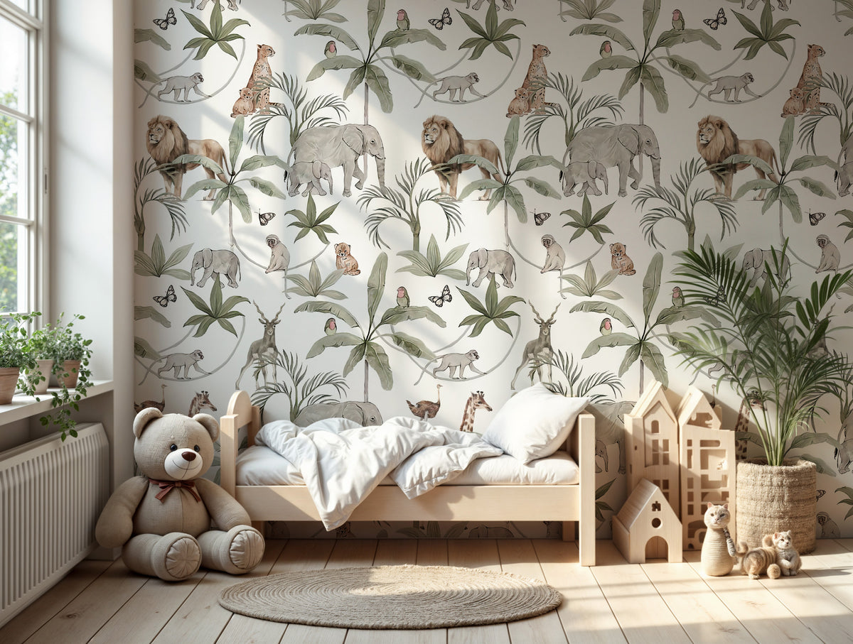 White Safari Palm Wallpaper : Jungle Animal Kids Toile Wall Mural