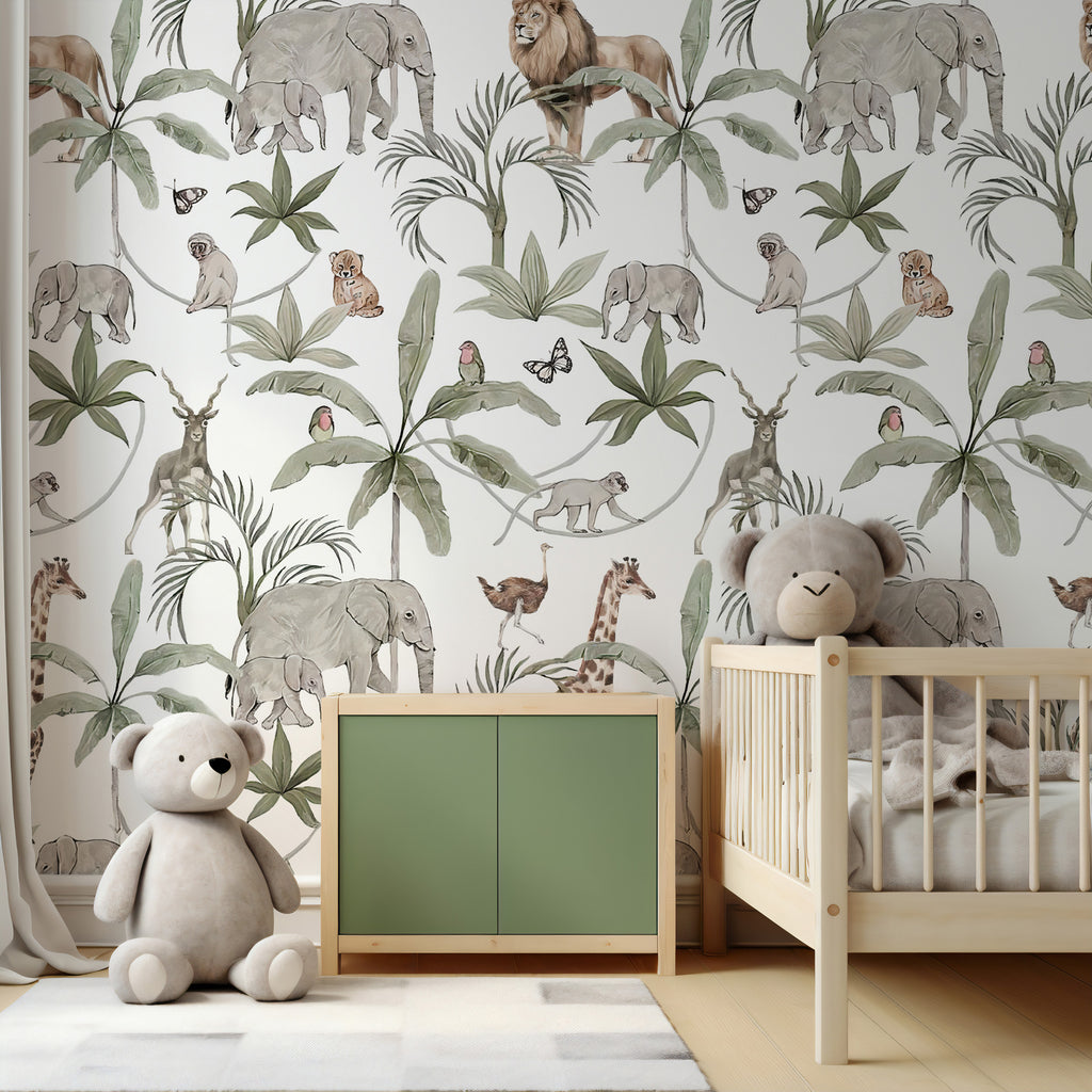 White Safari Palm Wallpaper : Jungle Animal Kids Toile Wall Mural - View 3