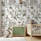 White Safari Palm Wallpaper : Jungle Animal Kids Toile Wall Mural - View 3