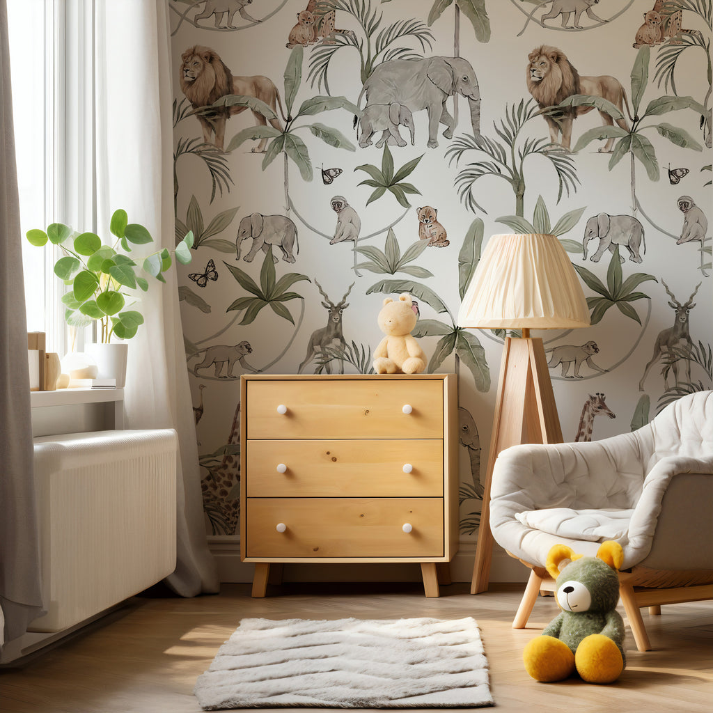 White Safari Palm Wallpaper : Jungle Animal Kids Toile Wall Mural - View 4
