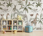 White Safari Palm Wallpaper : Jungle Animal Kids Toile Wall Mural - View 5