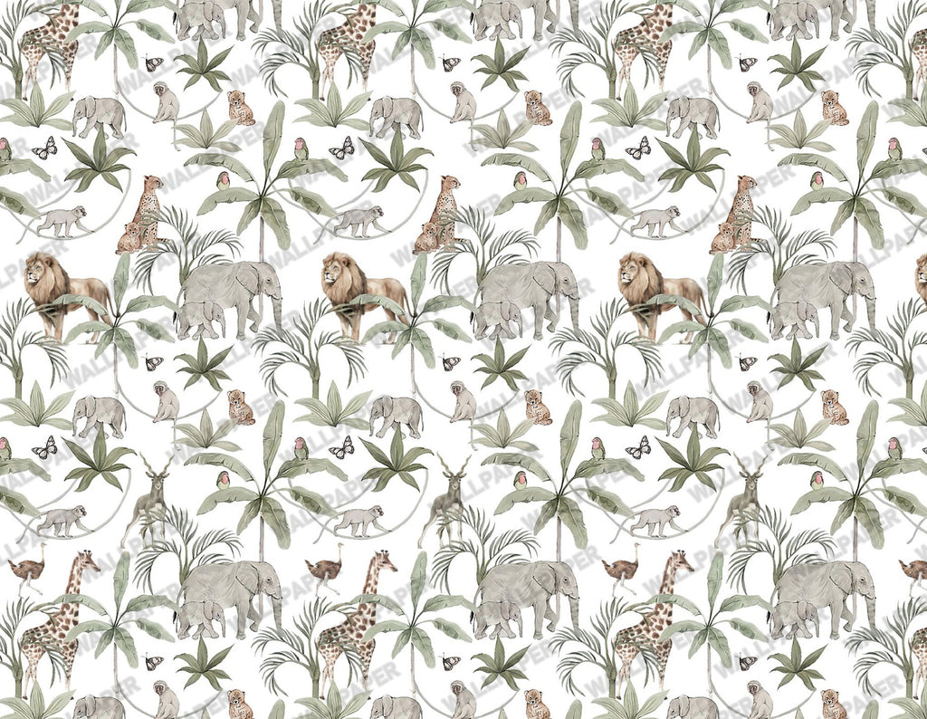 White Safari Palm Wallpaper : Jungle Animal Kids Toile Wall Mural - View 2